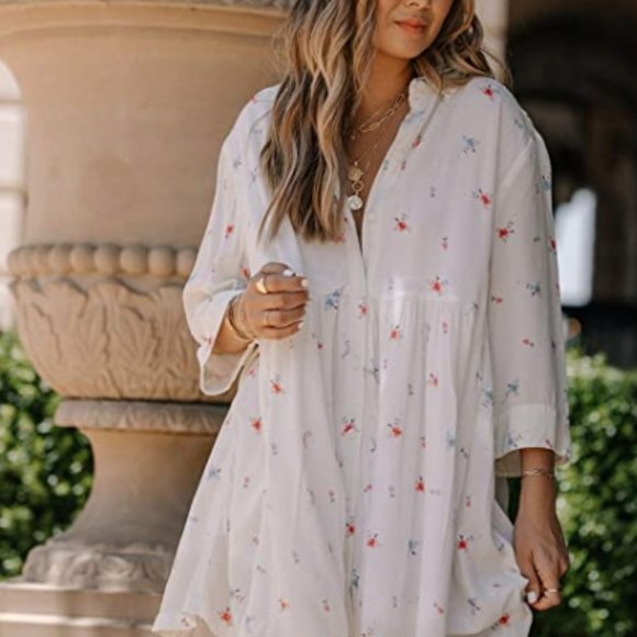 The Drop Women's White Print Loose Fit Flared Button Down Dress - Picture 3 of 6